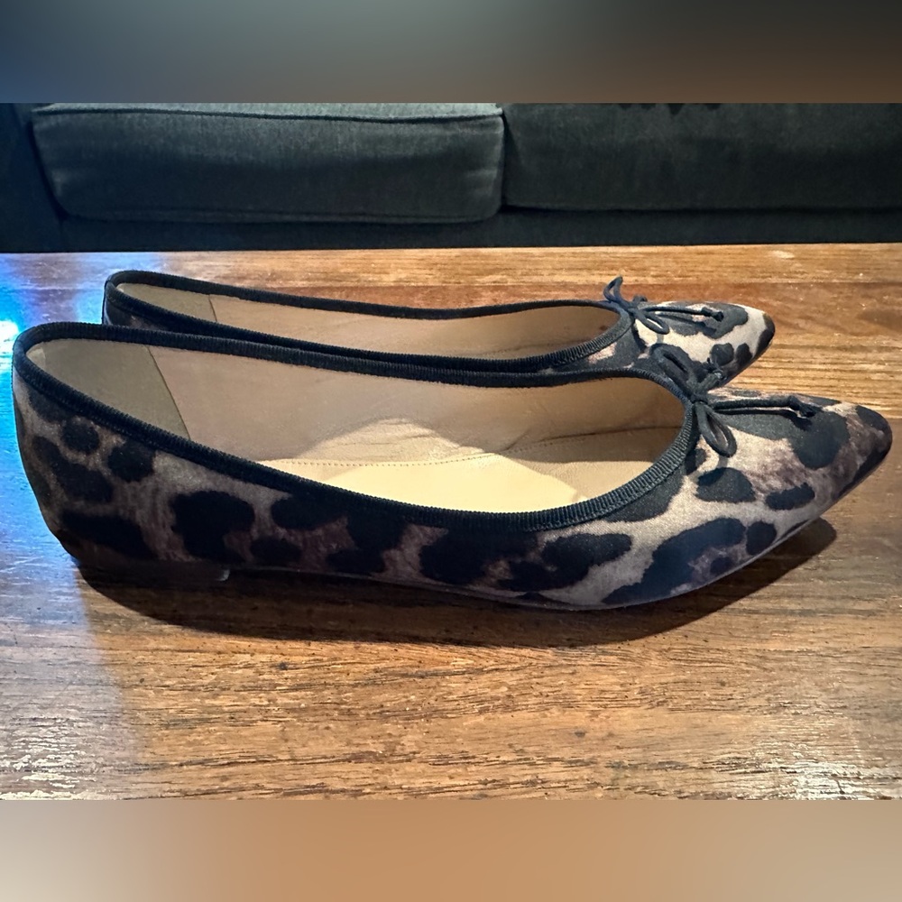 Super cute J Crew leopard ballet flats in leather and a silky fabric covering.